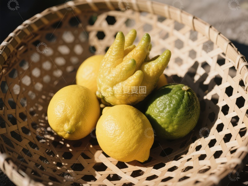 高清大图下载【趣麦麦图】竹篮中的柠檬与佛手柑