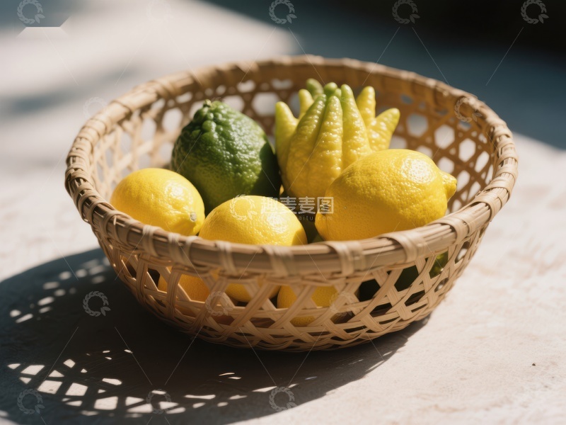 高清大图下载【趣麦麦图】竹篮中的柠檬与佛手柑