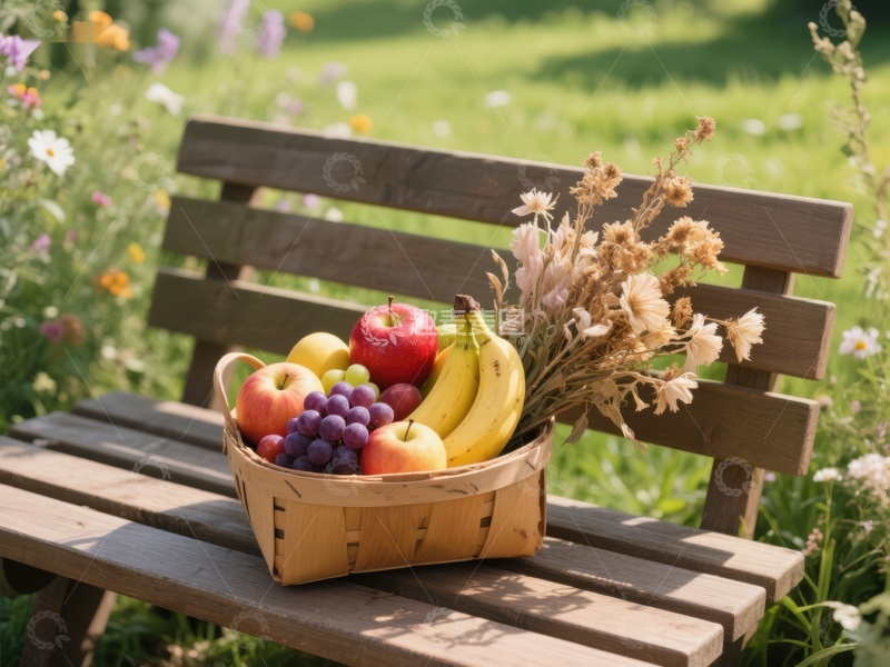 高清大图下载【趣麦麦图】花园长椅上的水果篮与干花