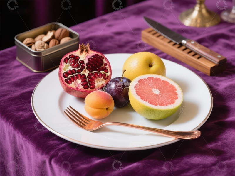 高清大图下载【趣麦麦图】水果拼盘与坚果，紫色布景