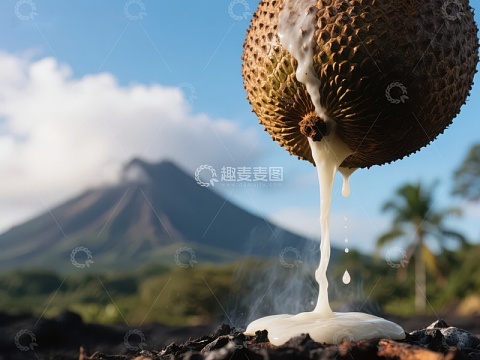 榴莲果肉倾泻，火山背景
