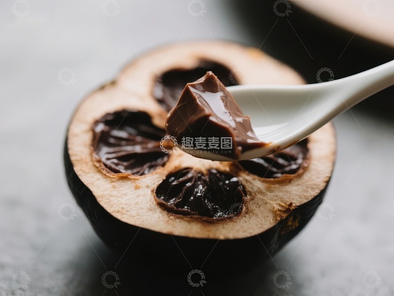 勺子舀取黑色果肉的特写