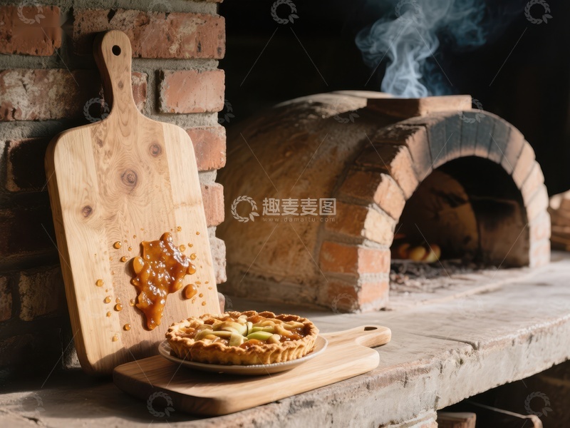 高清大图下载【趣麦麦图】砖炉旁的苹果派与木制砧板