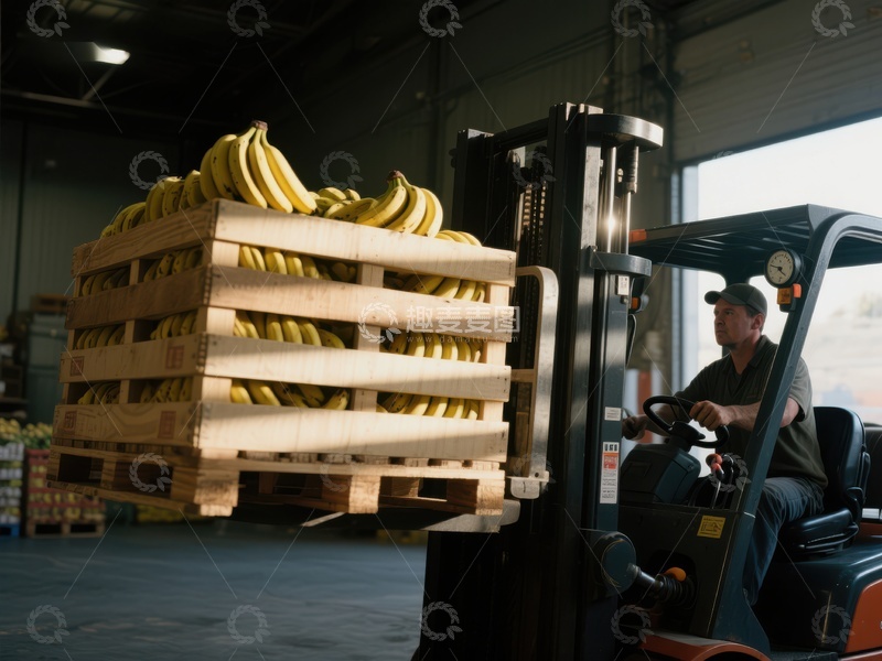 高清大图下载【趣麦麦图】叉车搬运香蕉堆栈