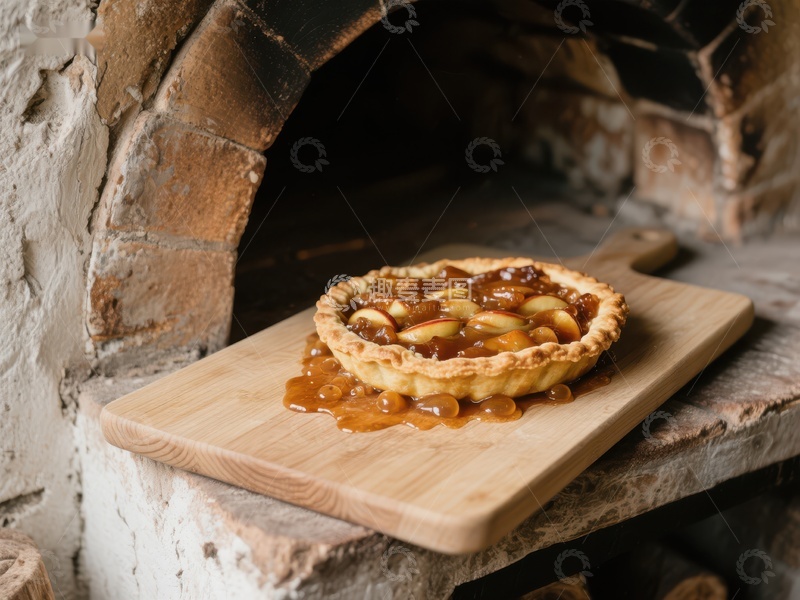 高清大图下载【趣麦麦图】木板上的苹果馅饼，背景为石砌烤炉