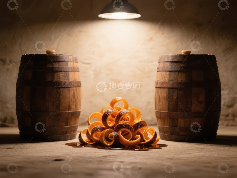 高清大图下载【趣麦麦图】橙皮堆与木桶的静谧场景