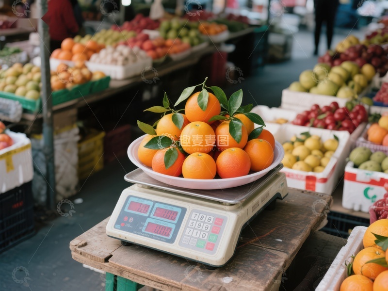 高清大图下载【趣麦麦图】市场摊位上的橙子称重
