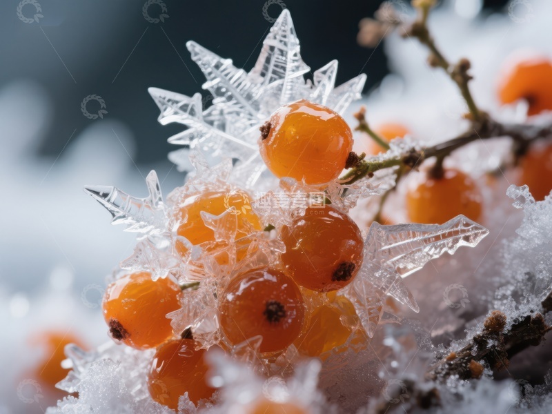 高清大图下载【趣麦麦图】冰晶覆盖的橙色浆果
