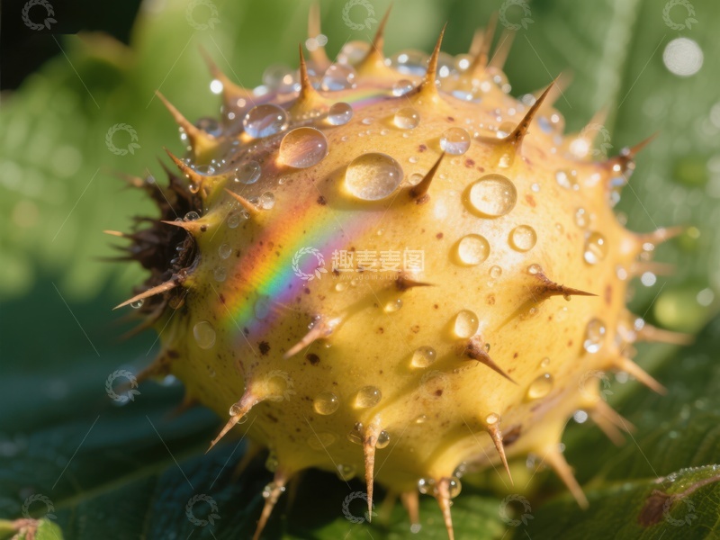 高清大图下载【趣麦麦图】露珠点缀的刺果，彩虹光芒闪烁
