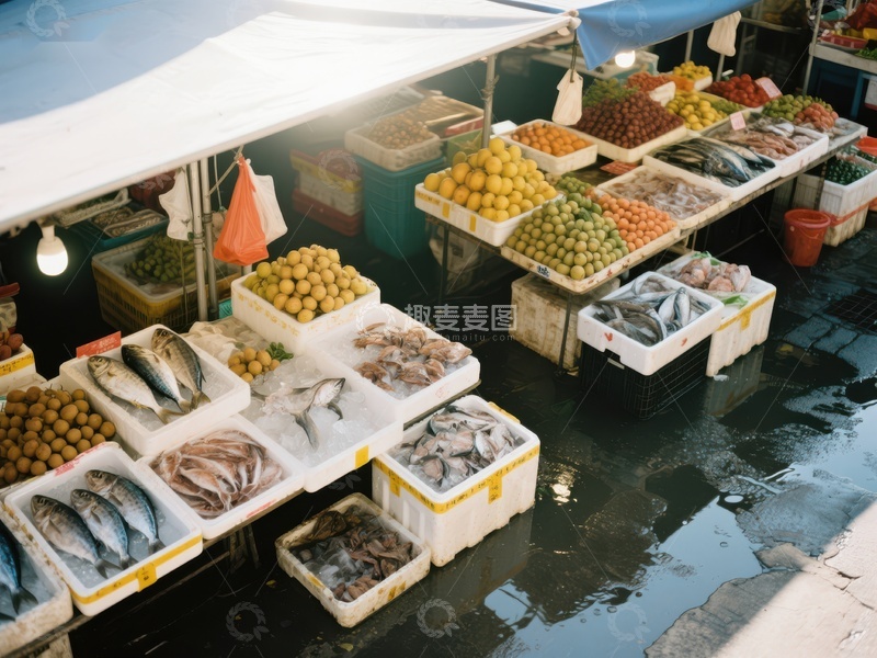 市场摊位上的新鲜海鲜与水果