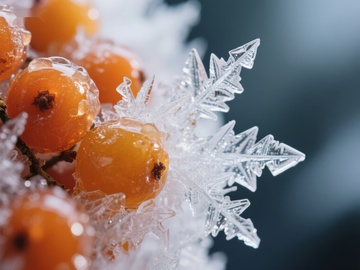 冰晶与橙色浆果的冬日特写