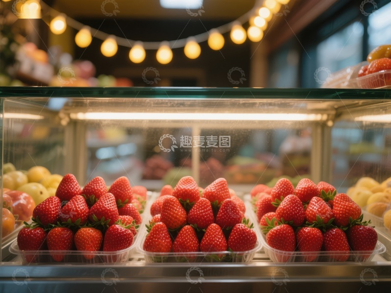 高清大图下载【趣麦麦图】新鲜草莓陈列在明亮的展示柜中