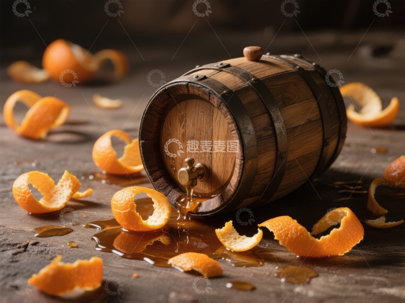 高清大图下载【趣麦麦图】木桶倾倒橙汁，橙皮散落桌面