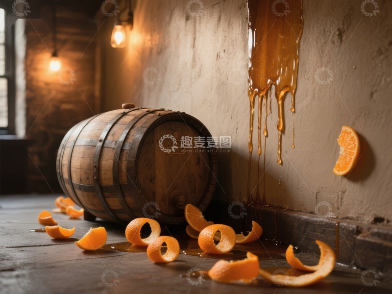高清大图下载【趣麦麦图】橙皮散落，蜂蜜流淌的木质酒桶旁