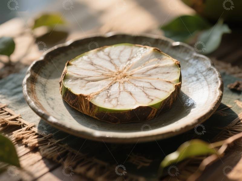 高清大图下载【趣麦麦图】切片植物根茎置于陶瓷盘中