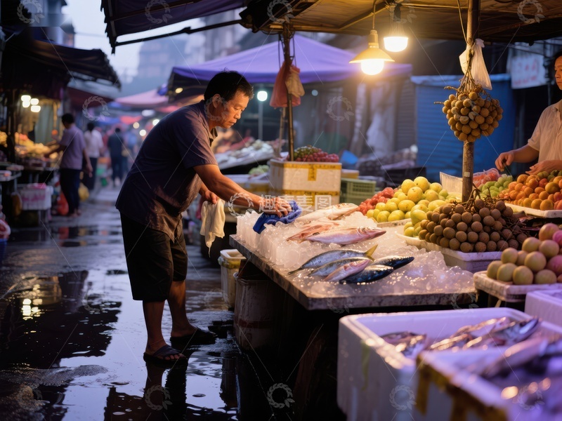 市场摊位前的忙碌身影