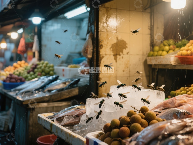 市场摊位上的苍蝇与新鲜食材