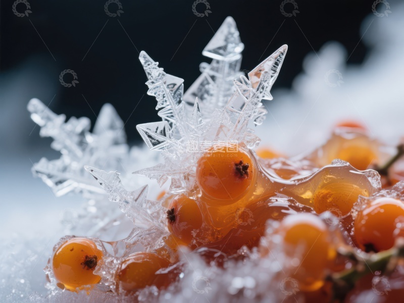 高清大图下载【趣麦麦图】冰晶覆盖的橙色浆果