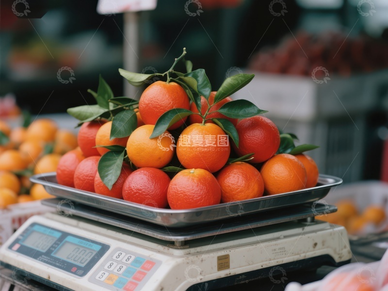 高清大图下载【趣麦麦图】新鲜橙子堆放在电子秤上