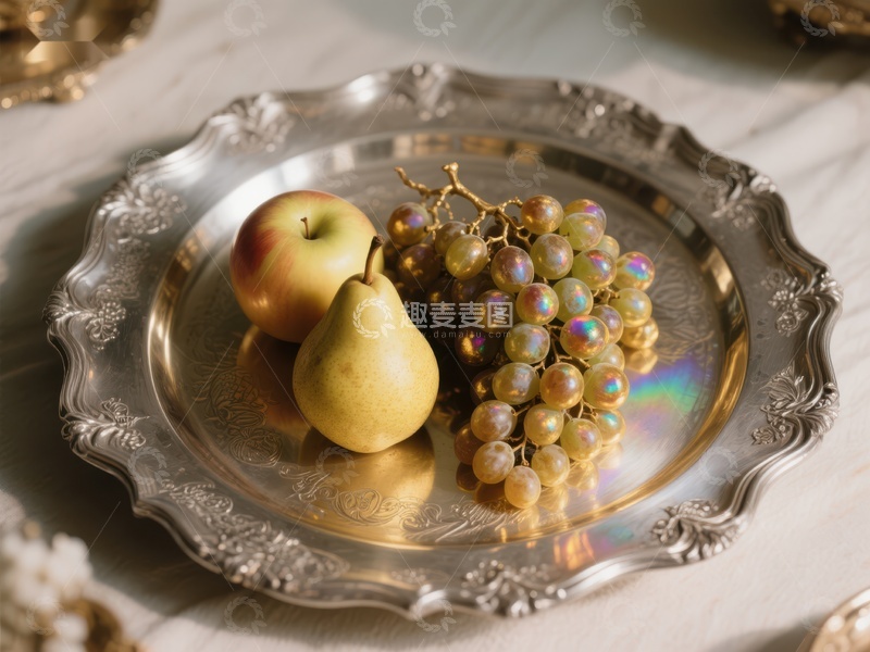 高清大图下载【趣麦麦图】银盘上的水果与葡萄