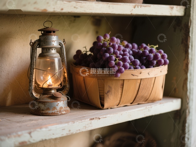 高清大图下载【趣麦麦图】复古油灯与葡萄篮静物