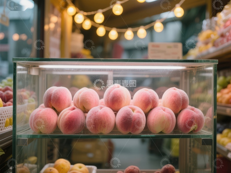 高清大图下载【趣麦麦图】新鲜桃子陈列在市场玻璃柜中