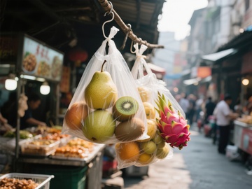 市场摊位前悬挂的水果袋