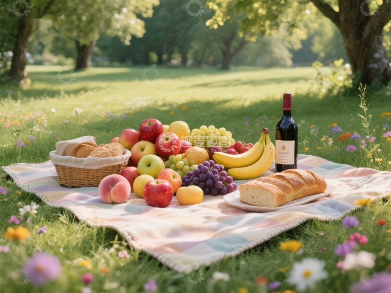 高清大图下载【趣麦麦图】草地野餐布上的美食与红酒