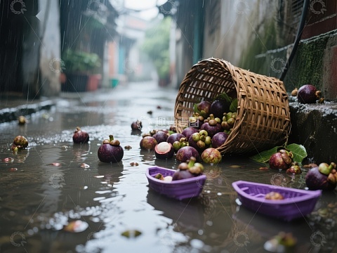 雨中散落的水果与竹篮