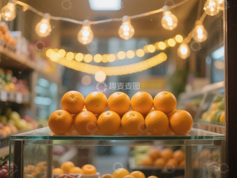 高清大图下载【趣麦麦图】橙子陈列在灯光装饰的商店橱窗中