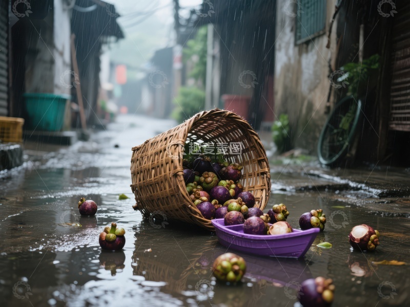 高清大图下载【趣麦麦图】雨中倾倒的果篮