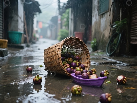 雨中倾倒的果篮