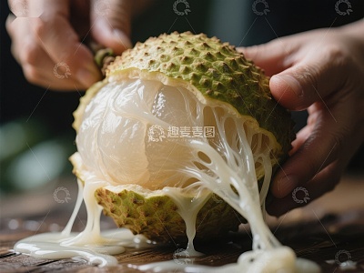 手剥刺果，乳白色果肉流出