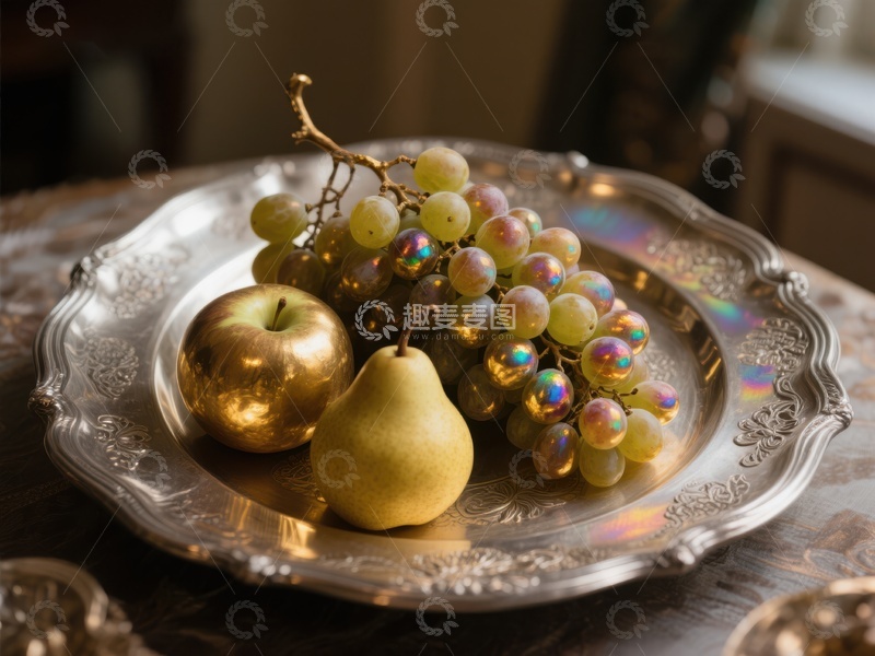 高清大图下载【趣麦麦图】银盘上的金色水果静物