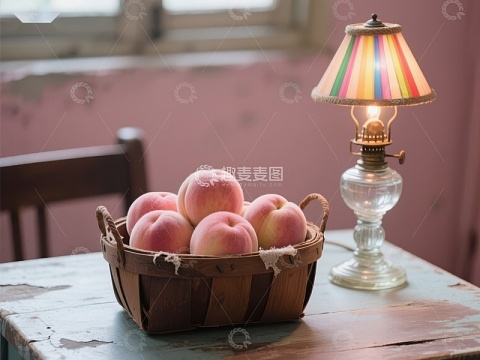篮子装满桃子，旁置彩色台灯