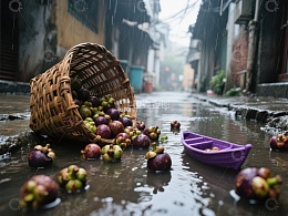 雨中倾倒的水果篮与小船