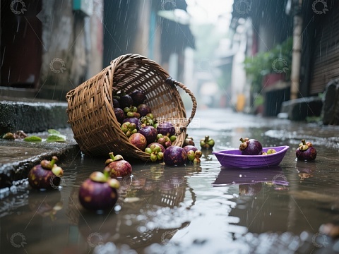 雨中散落的水果与竹篮