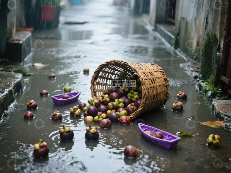 高清大图下载【趣麦麦图】雨中散落的水果与玩具船