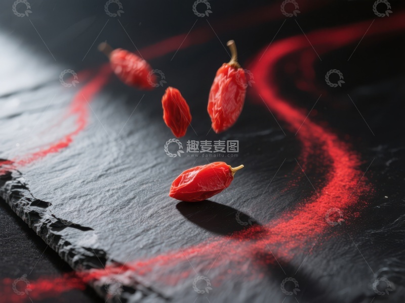 高清大图下载【趣麦麦图】红色辣椒在黑色背景上跳跃