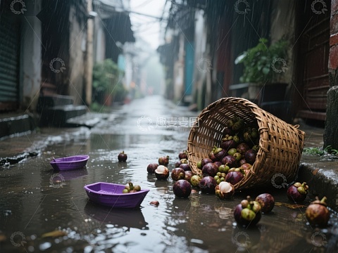 雨中巷道散落的果篮