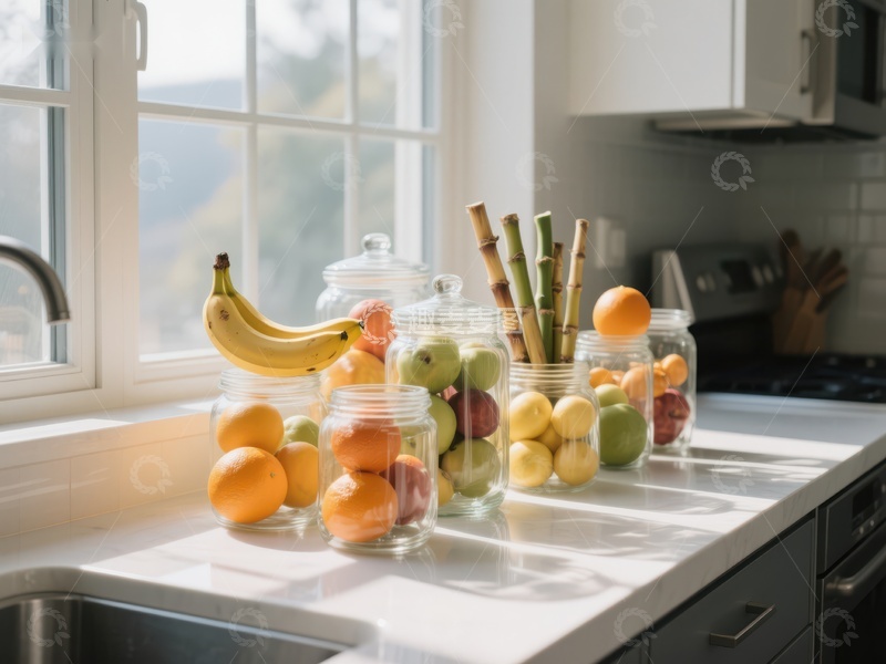 高清大图下载【趣麦麦图】厨房窗台上的水果罐装展示