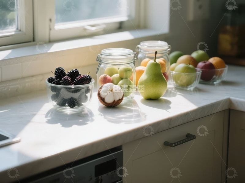 高清大图下载【趣麦麦图】厨房窗台上的新鲜水果与浆果