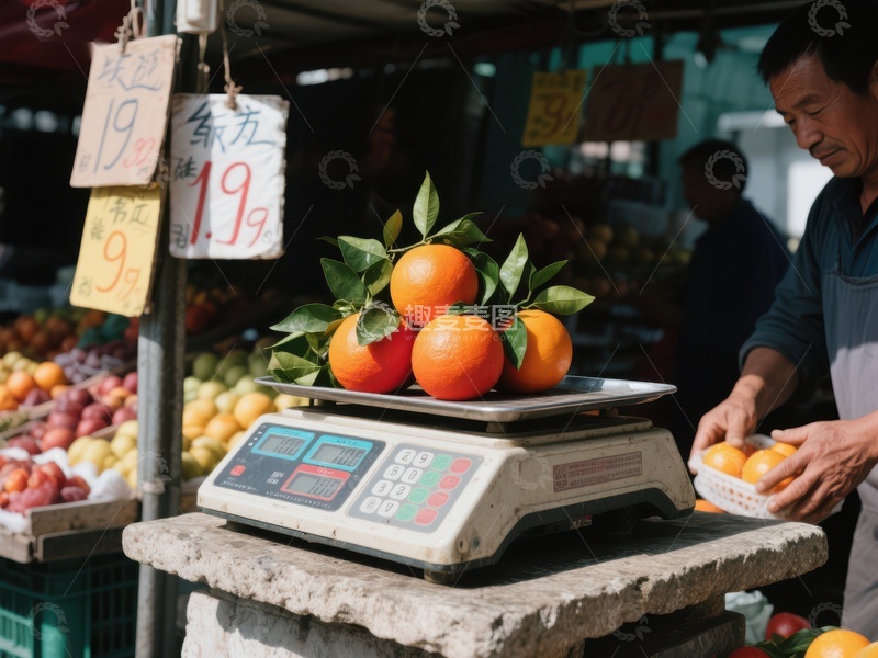 市场摊位上的橙子称重