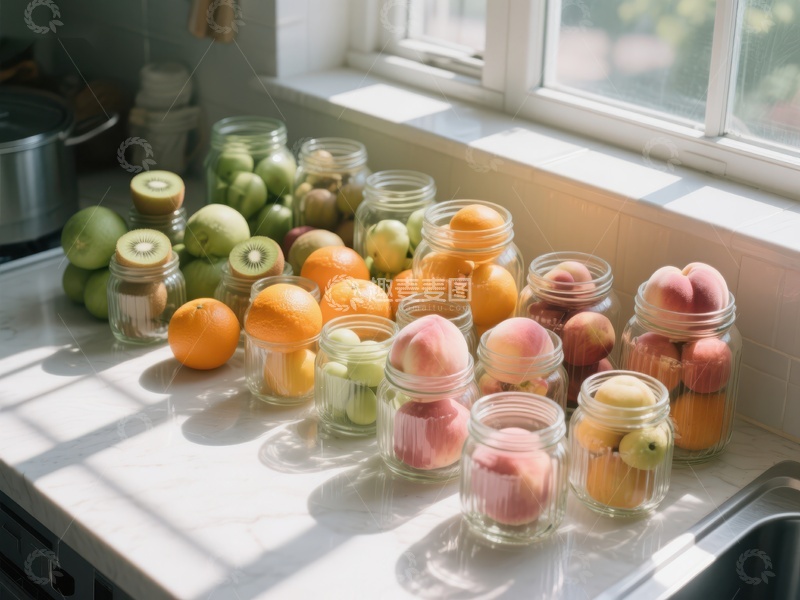 高清大图下载【趣麦麦图】厨房窗台上的水果罐头与新鲜水果