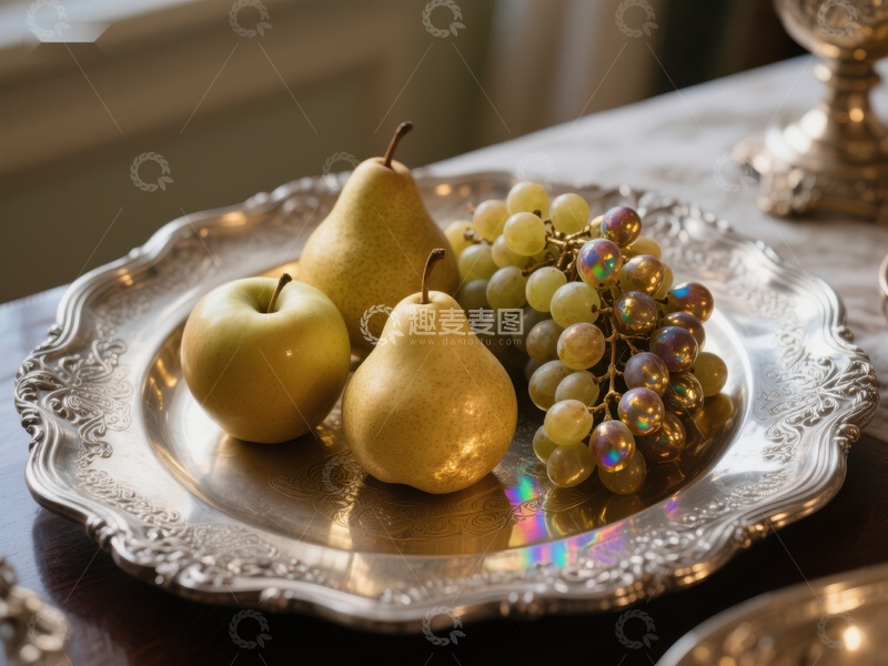 高清大图下载【趣麦麦图】银盘上的水果与装饰珠