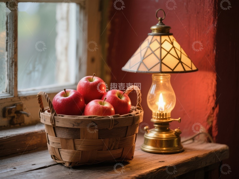 高清大图下载【趣麦麦图】复古油灯旁的苹果篮
