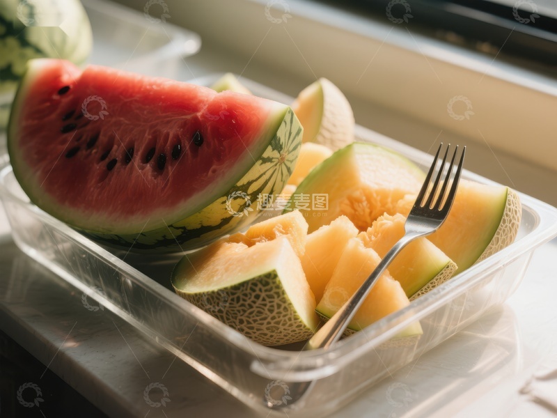 高清大图下载【趣麦麦图】西瓜与哈密瓜切块，置于透明容器中