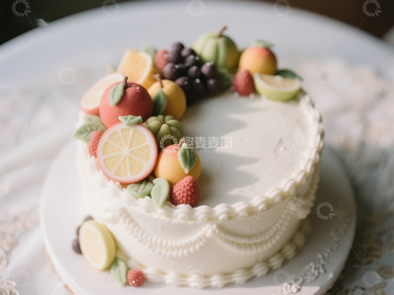 高清大图下载【趣麦麦图】水果装饰的白色蛋糕