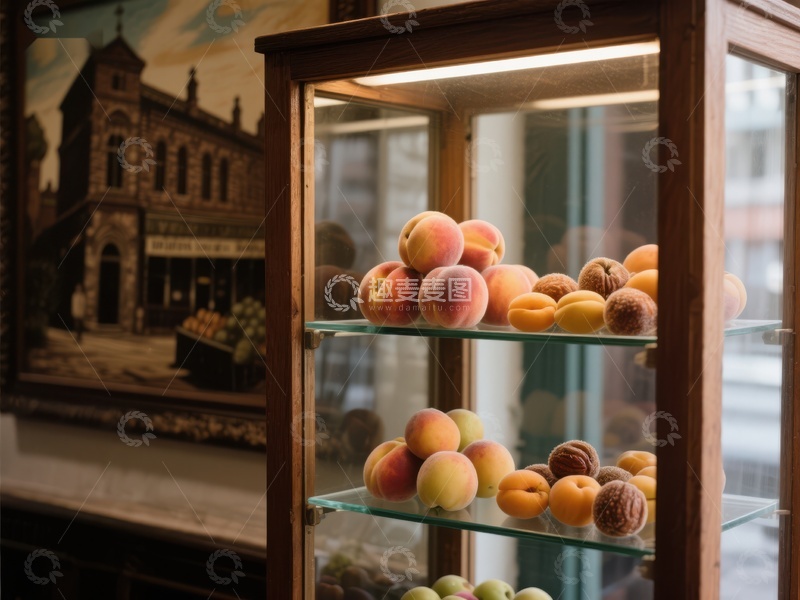 高清大图下载【趣麦麦图】复古橱窗展示新鲜桃子