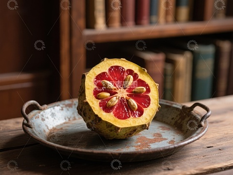切开的神秘水果置于古旧书架前